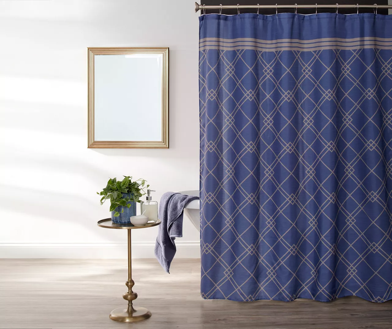 Denim Blue Geometric Fabric Shower Curtain