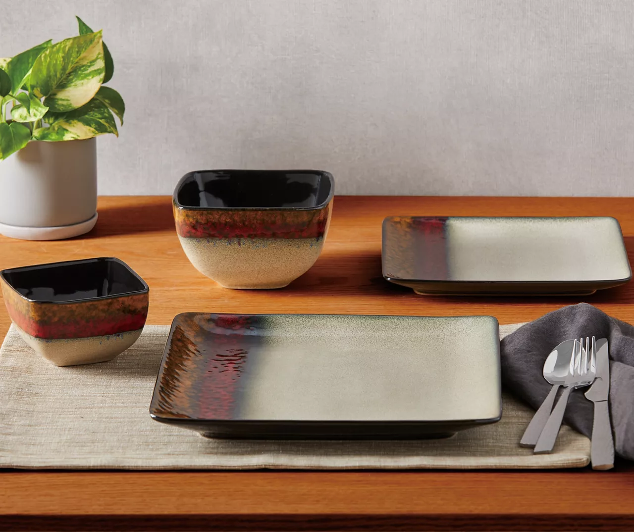 Red, Gold & Cream Square 16-Piece Stoneware Dinnerware Set - Image 2