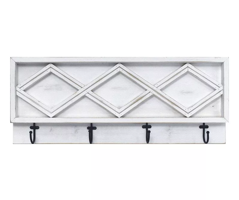 Whitewash Diamond Lattice Wall Plaque With Hooks