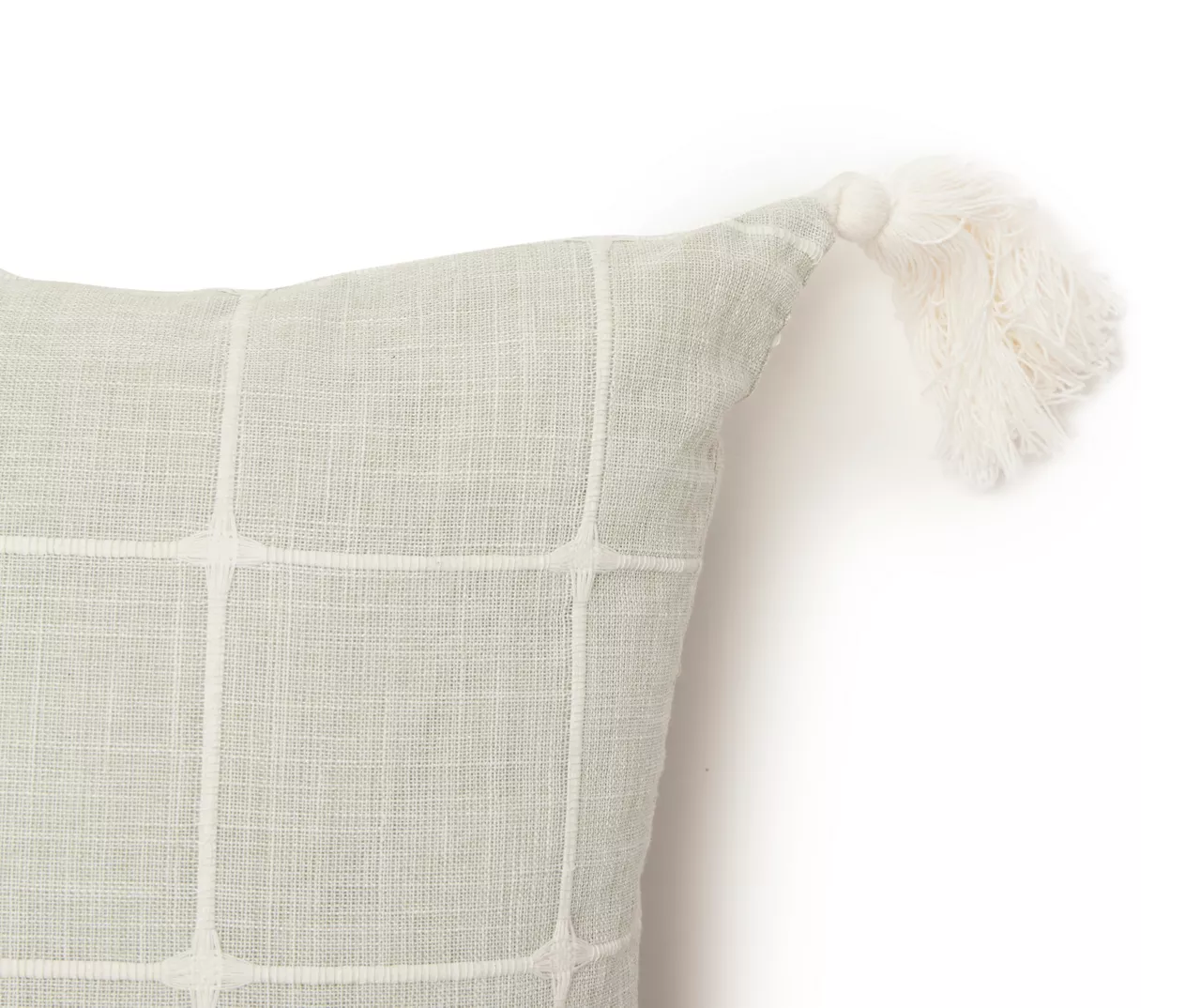 Sage Green & White Windowpane Grid Tassel-Accent Square Throw Pillow - Image 2