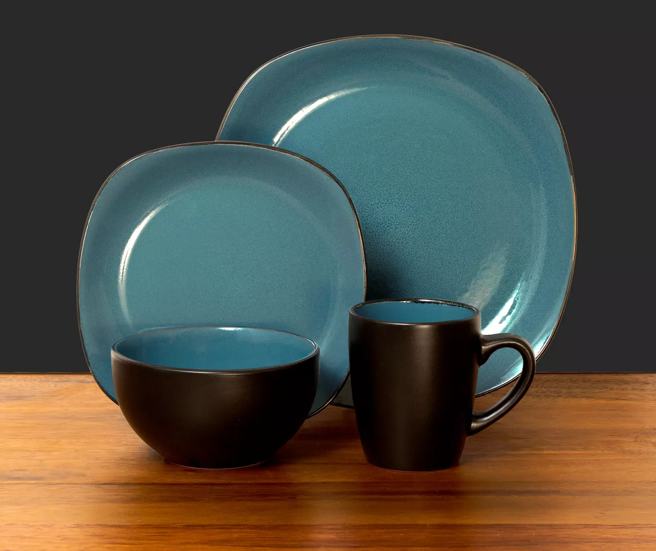 Teal & Black Reactive 16-Piece Stoneware Dinnerware Set - Image 2
