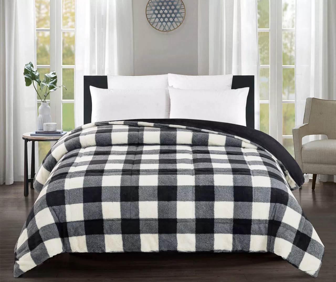 Black & White Buffalo Plaid Faux Fur Full/Queen Comforter