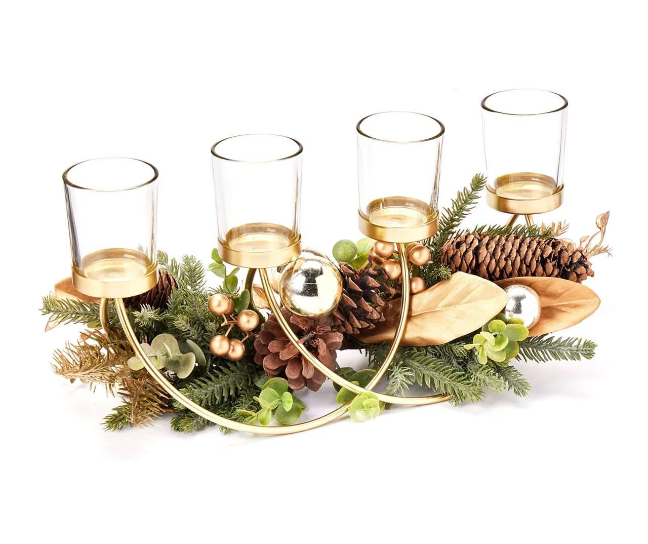Festive Gathering Gold 4-Tier LED Votive Candle Centerpiece With Pine, Leaves And Berries - Image 2