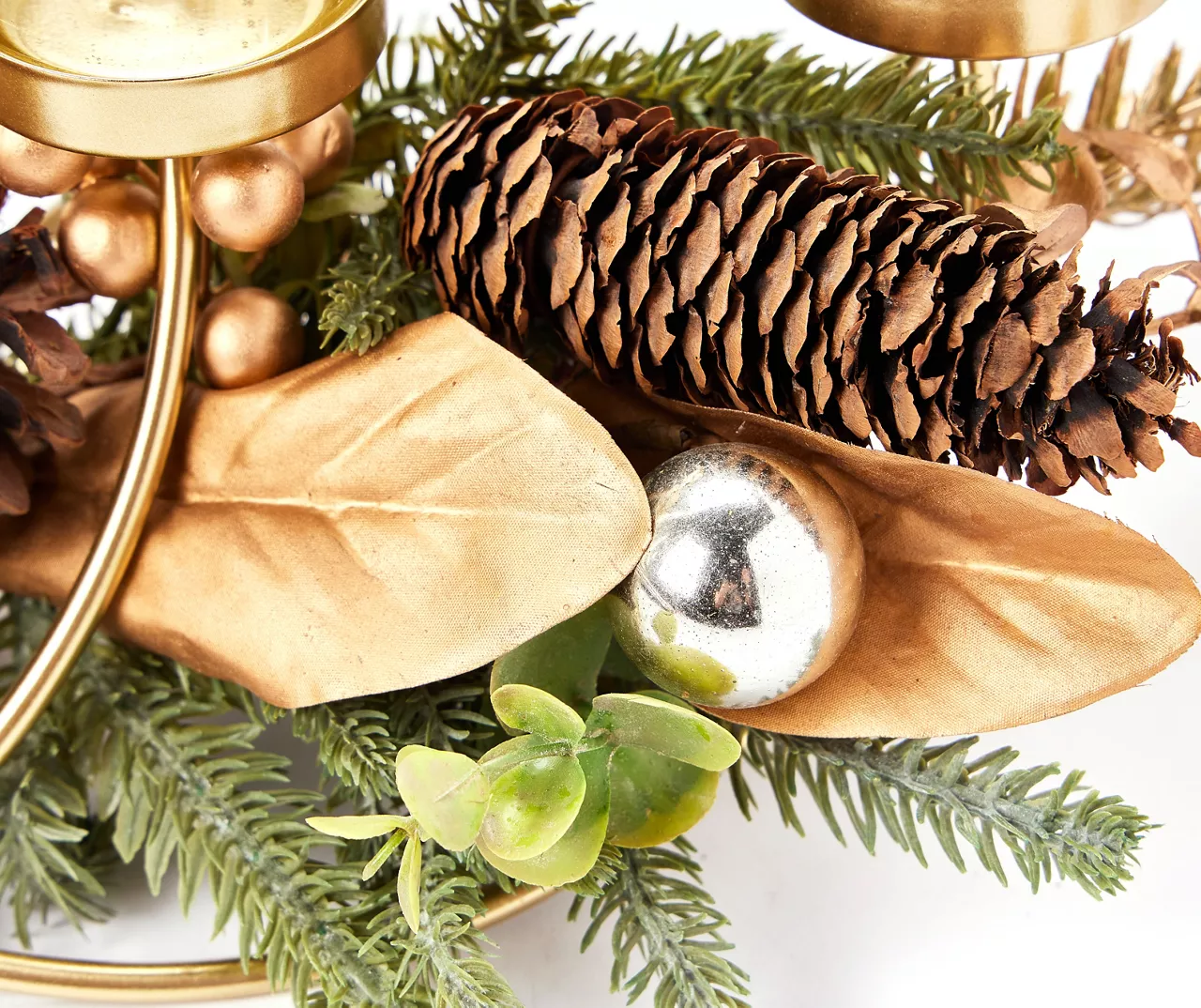 Festive Gathering Gold 4-Tier LED Votive Candle Centerpiece With Pine, Leaves And Berries - Image 3