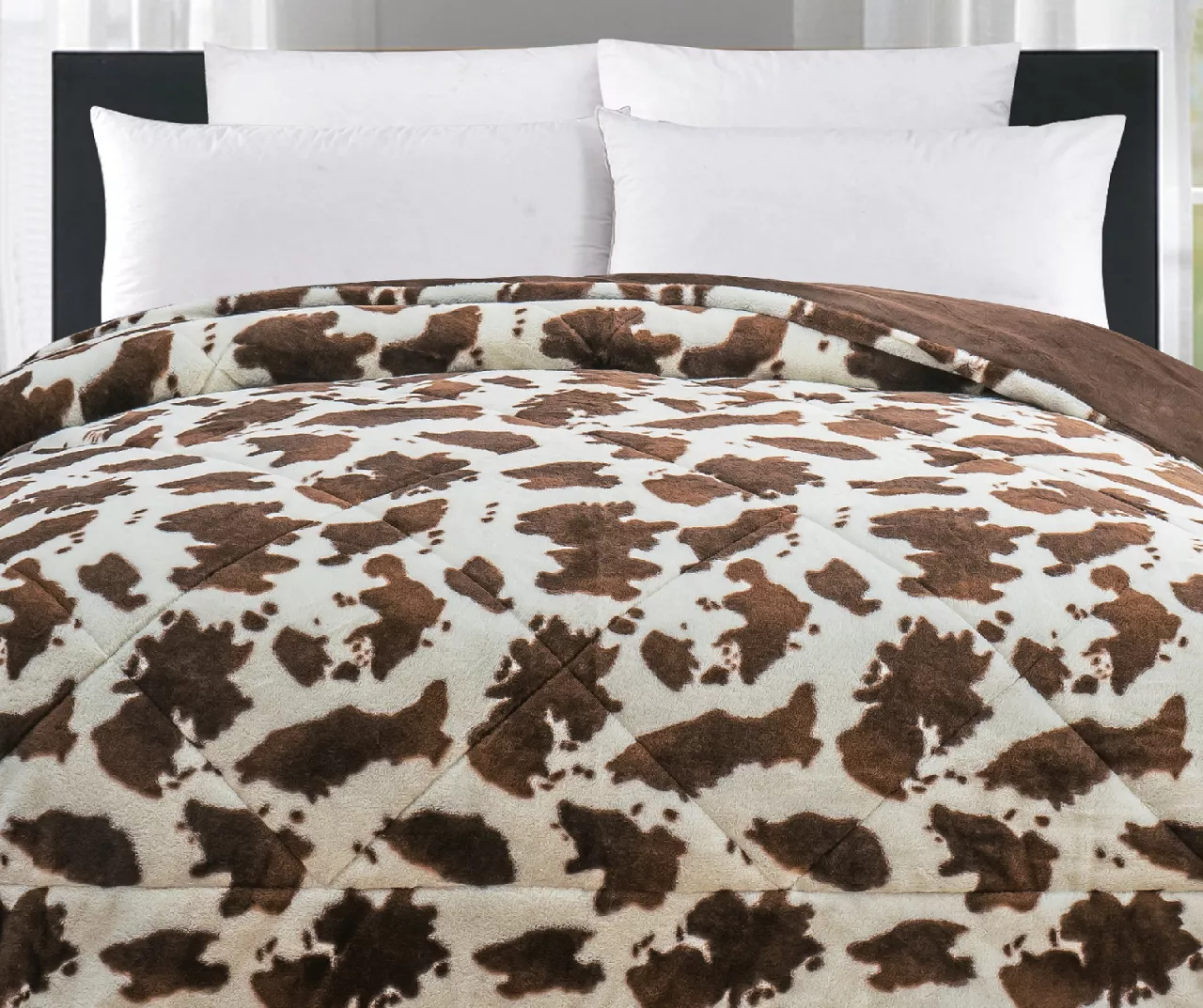 Cream & Brown Cow Print Faux Fur King Comforter - Image 3