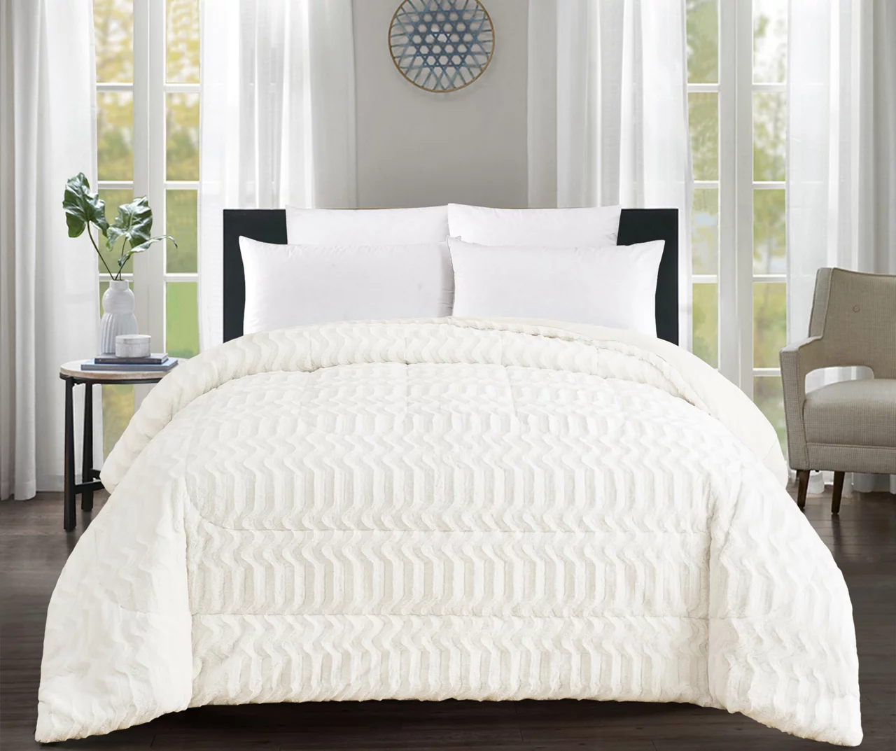 White Chevron Stripe Faux Fur Full/Queen Comforter - Image 2
